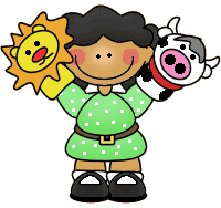 Child holding sun and cow puppets